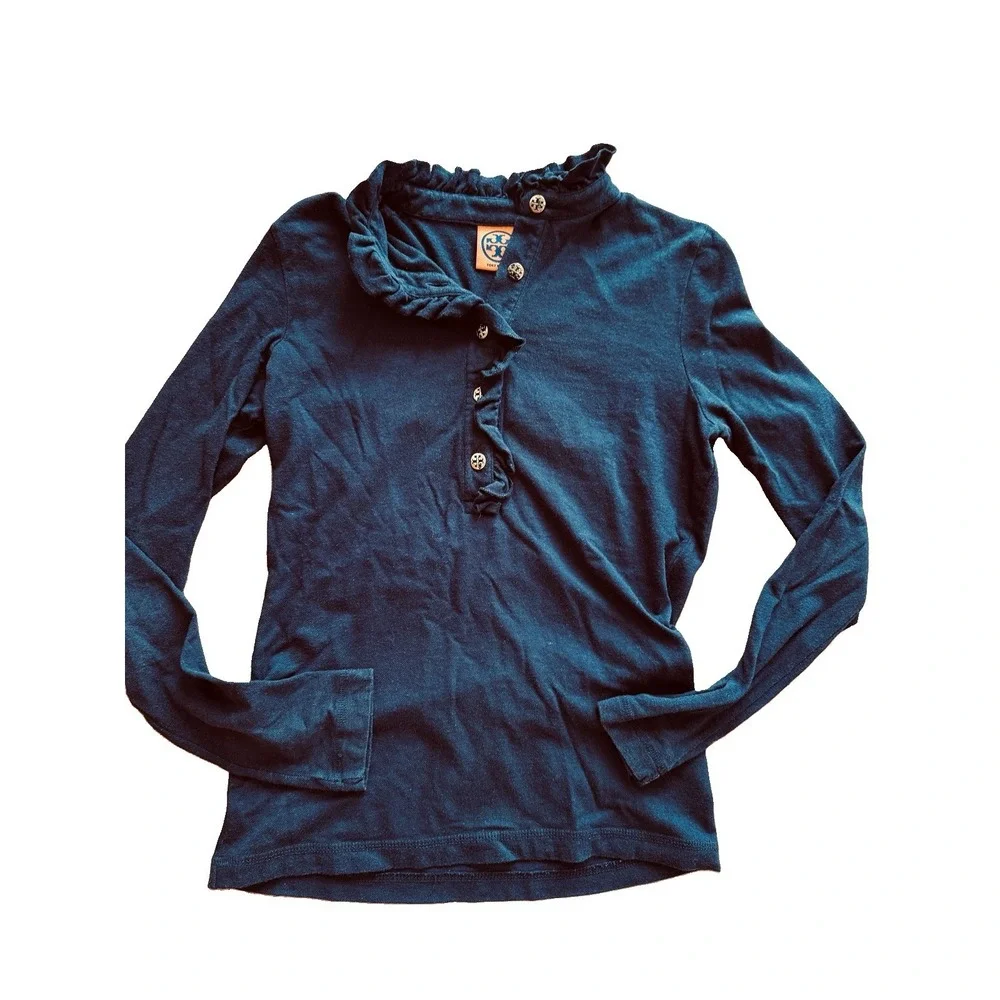 Tory Burch Navy Blue Pima Cotton Ruffle Henley LS Small Top Gold Logo Buttons